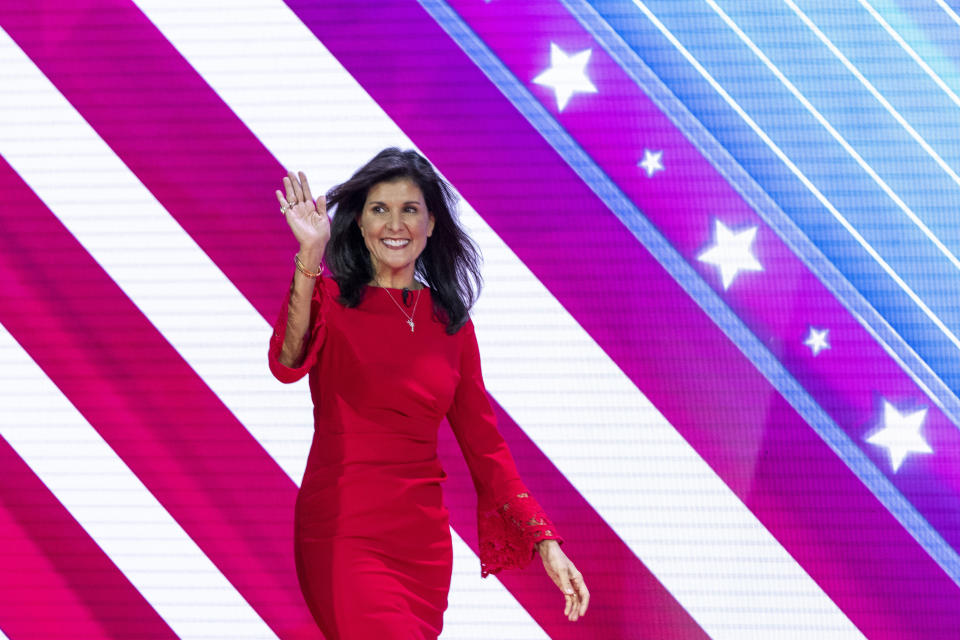 Republican presidential candidate, former ambassador to the United Nations Nikki Haley arrives to speak at the Conservative Political Action Conference, CPAC 2023, Friday, March 3, 2023, at National Harbor in Oxon Hill, Md. (AP Photo/Alex Brandon)