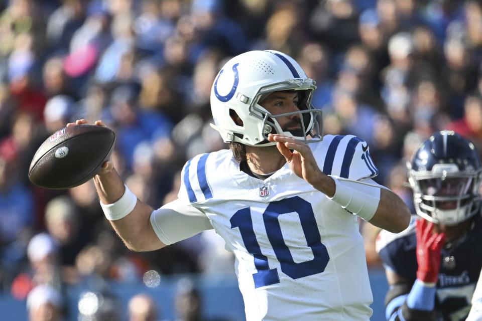 Indianapolis Colts quarterback Gardner Minshew throws during the first half of an NFL football game against the Tennessee Titans, Sunday, Dec. 3, 2023, in Nashville, Tenn. (AP Photo/John Amis)