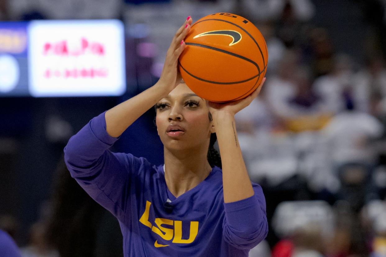 Jan 25, 2024; Baton Rouge, Louisiana, USA; LSU Lady Tigers forward Angel Reese warms up before a game against the South Carolina Gamecocks at Pete Maravich Assembly Center. Mandatory Credit: Matthew Hinton-USA TODAY Sports
