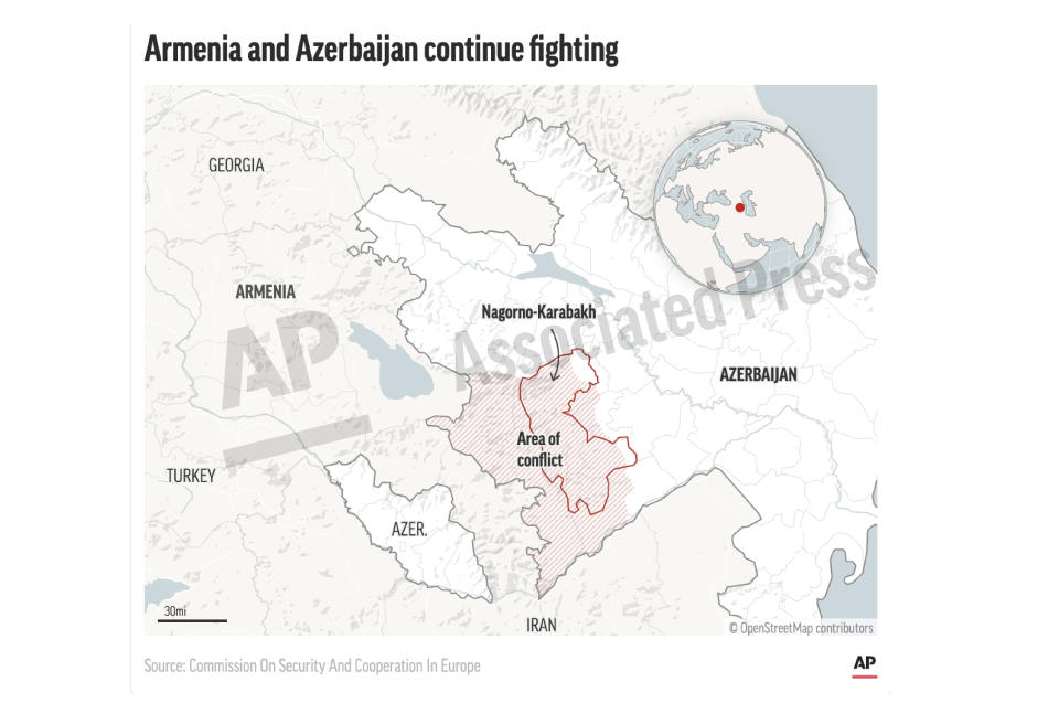 This preview image of an AP digital embed shows the separatist territory of Nagorno-Karabakh between Armenia and Azerbaijan. (AP Digital Embed)