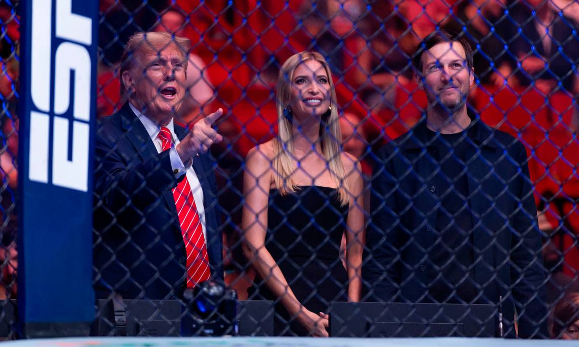 Former President Donald Trump, his daughter, Ivanka Trump and his son-in-law, Jared Kushner, attend the UFC 299 event at the Kaseya Center on Saturday, March 9, 2024, in downtown Miami, Fla.