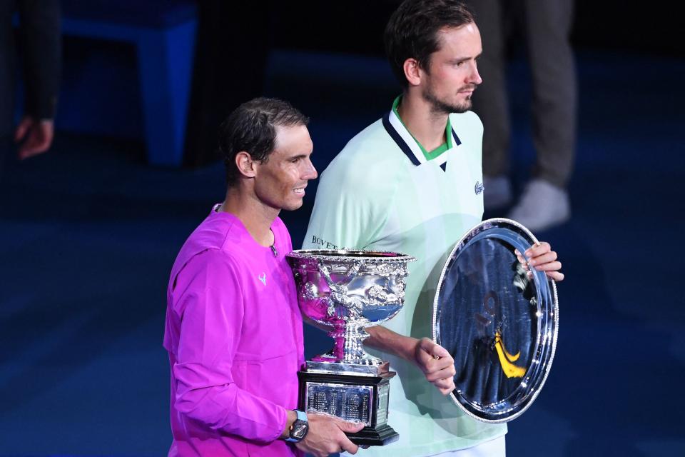 Rafael Nadal and Daniil Medvedev, pictured here with their trophies after the Australian Open final.