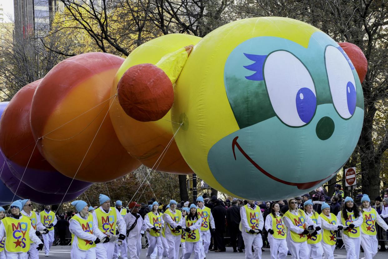 New York City, NY, USA- November 28, 2019: Wiggle Worm floats in the Macy's Thanksgiving Day Parade.