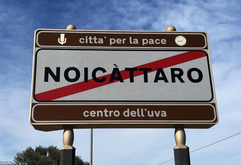 A sign for the town of Noicattaro, a major area of grape production in the southern Italian region of Puglia, Italy