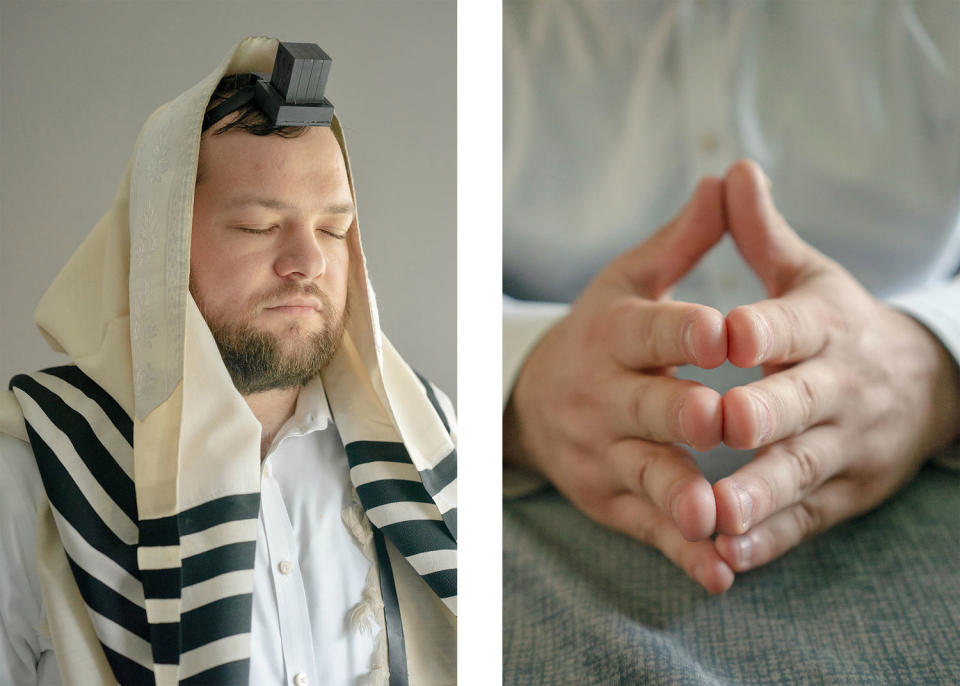 Avraham Shaya Eisenman, 32, wearing tefillin, a small leather box containing religious texts. He says his Clifton community is very diverse and that he has Palestinian American acquaintances, whom he knew during a campaign for a Board of Education seat in 2021. “I am praying for peace,” he says. (Danielle Amy for NBC News)