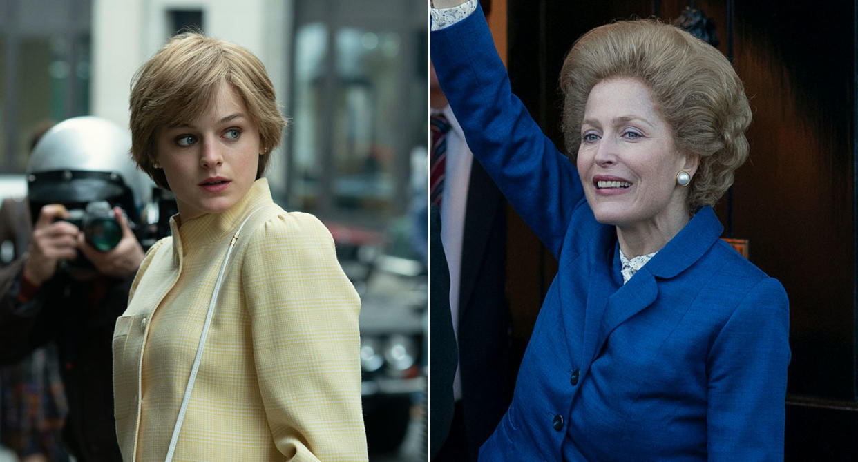 Composite image showing Emma Corrin (Diana Spencer) and Gillian Anderson (Margaret Thatcher) in the fourth series of The Crown. (Netflix)