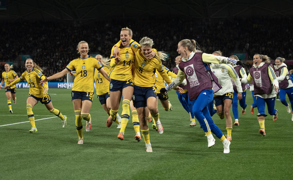 Sweden players, pictured here after their win over USA at the Women's World Cup.