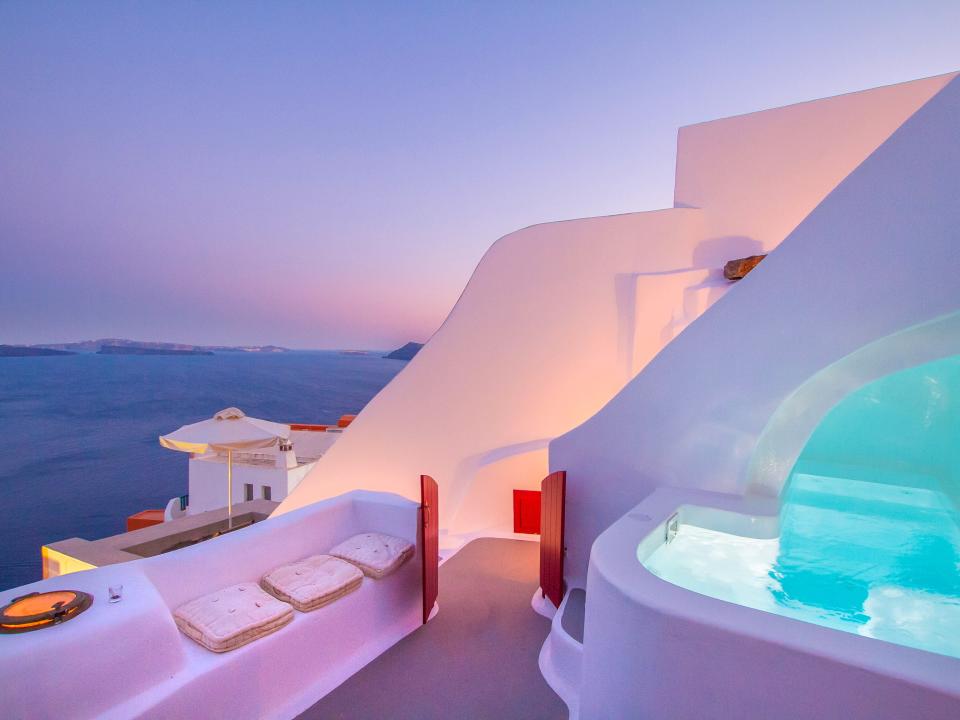 A breathtaking historic Grecian hillside cave house in Santorini, Greece. Photo: supplied.