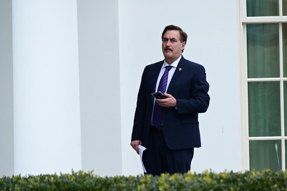 Mike Lindell, CEO of My Pillow, stands outside the West Wing of the White House in Washington, U.S., January 15, 2021. REUTERS/Erin Scott