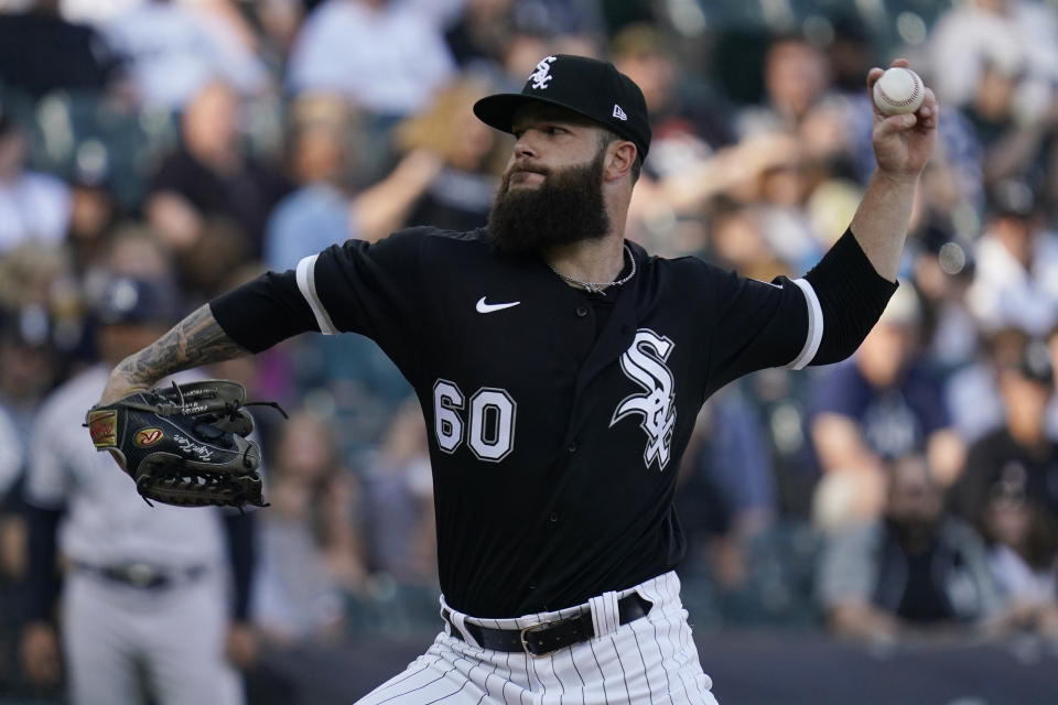 Chicago White Sox starting pitcher Dallas Keuchel throws against the New York Yankees during the first inning of a baseball game in Chicago, Saturday, May 14, 2022. (AP Photo/Nam Y. Huh)