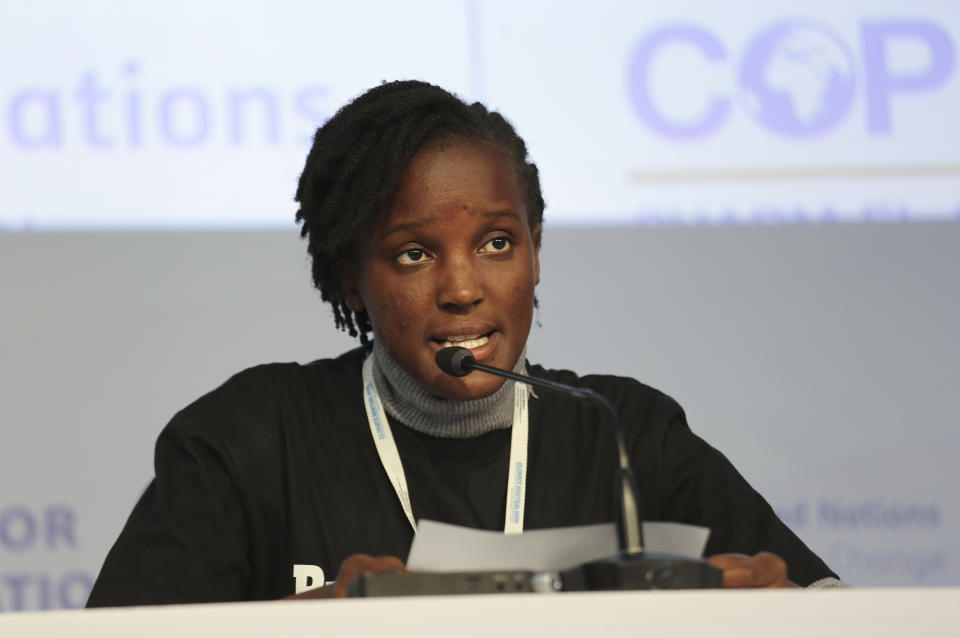 Ugandan climate justice advocate Vanessa Nakate speaks during an intergenerational panel discussion addressing loss and damage, at the COP27 U.N. Climate Summit, Thursday, Nov. 17, 2022, in Sharm el-Sheikh, Egypt. (AP Photo/Thomas Hartwell)