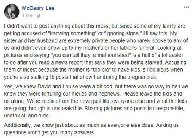 Louise Turpin's sister McCeary Lee posted this message to Facebook. Source: McCeary Lee/Facebook.
