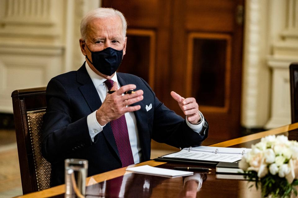 President Joe Biden speaks during a roundtable meeting with Americans who will benefit from the COVID-19 pandemic relief checks that are a part of the American Rescue Plan stimulus package working its way through Congress.