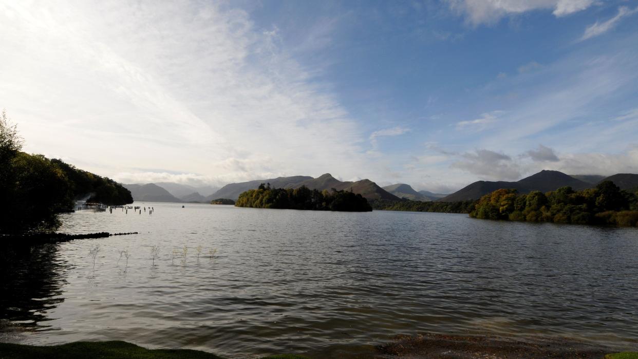 A large lake with fells in the background.