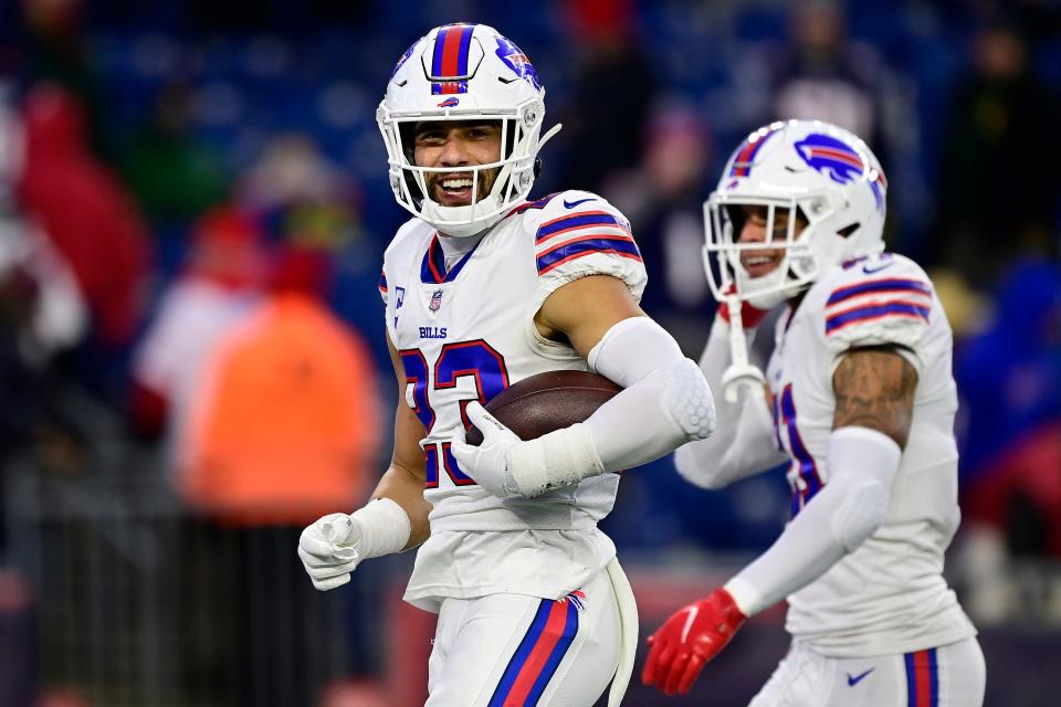 Micah Hyde #23 of the Buffalo Bills reacts after making an interception during the fourth quarter against the New England Patriots at Gillette Stadium on December 26, 2021 in Foxborough, Massachusetts.