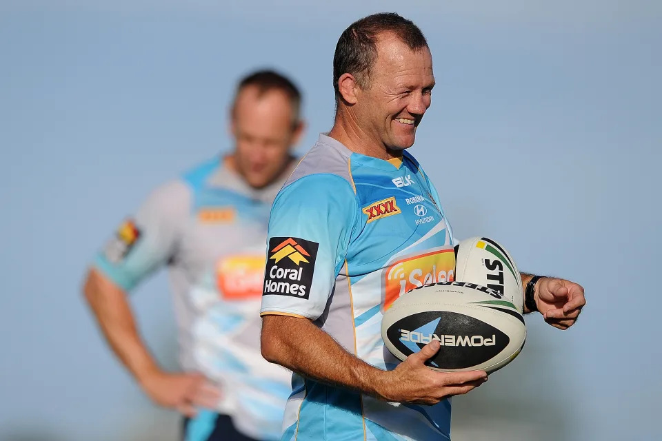 GOLD COAST, AUSTRALIA - MARCH 28:  Titans team trainer Trevor Gillmeister laughs during a Gold Coast Titans NRL training session at Tugun Rugby League Field on March 28, 2014 on the Gold Coast, Australia.  (Photo by Matt Roberts/Getty Images)