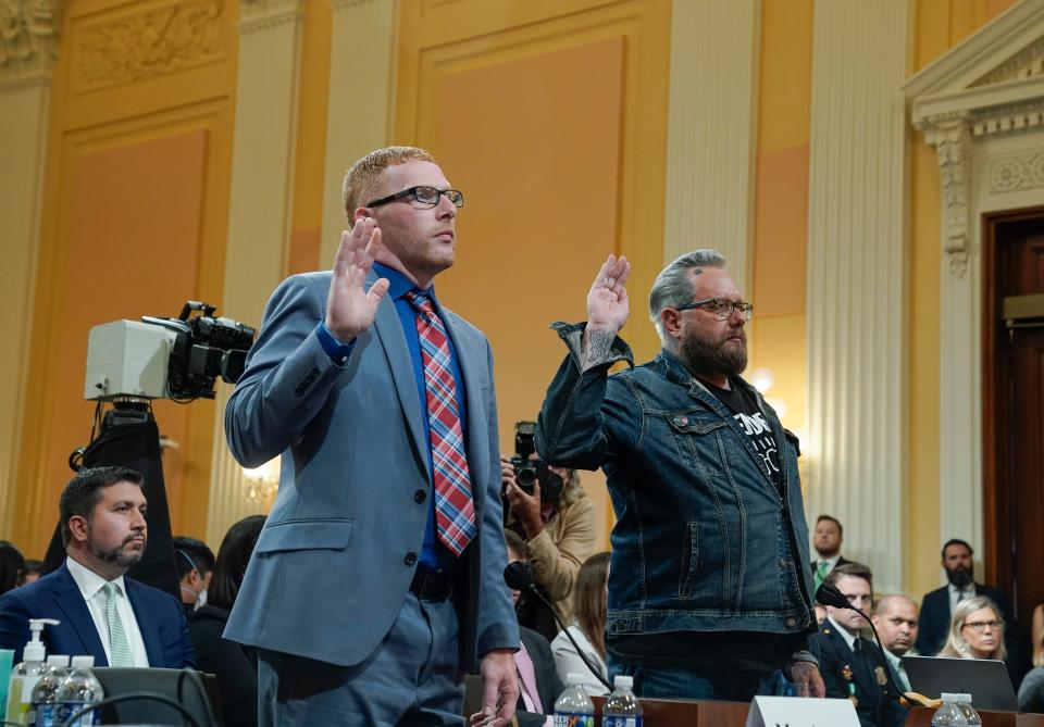 Stephen Ayres, left, and Jason Van Tatenhove are sworn in before testifying at a public hearing on July 12, 2022, to the Jan. 6 committee.