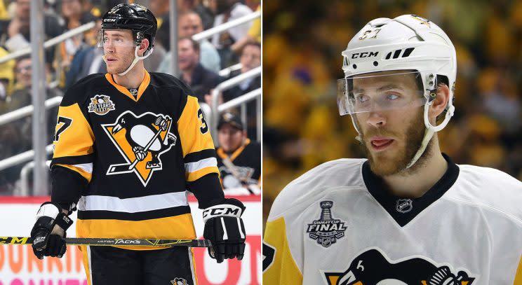 Carter Rowney during Game 1 against the Blue Jackets (Joe Sargent/Getty) vs. Carter Rowney during Game 3 of the Stanley Cup Final (Bruce Bennett/Getty).