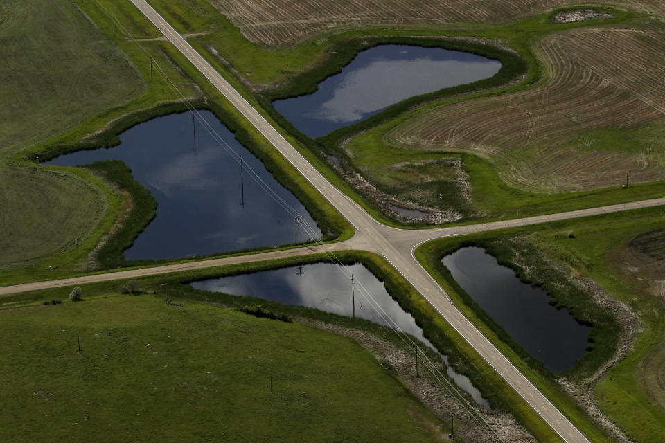 Dos carreteras dividen lo que en su día fue un estanque grande en cuatro pequeños en Dakota del Norte, el 20 de junio de 2019. Casi el 90% de los humedales del mundo desaparecieron en los últimos tres siglos, según la Ramsar Convention, una organización fundada en 1971 para proteger los humedales. (AP Foto/Charlie Riedel)