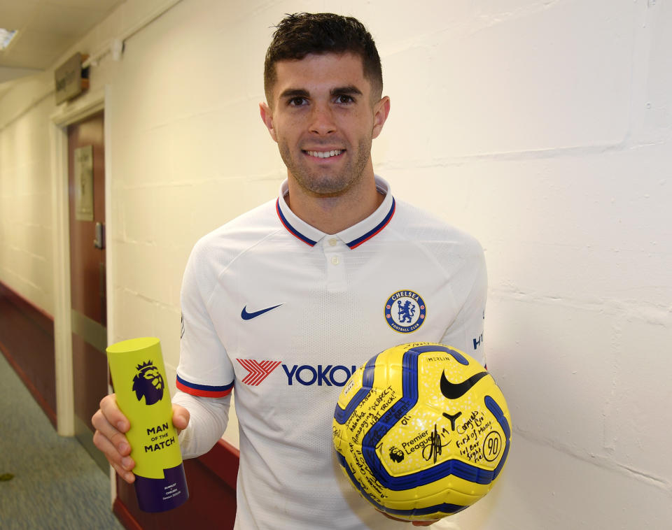 BURNLEY, ENGLAND - OCTOBER 26: Christian Pulisic of Chelsea collects the match ball and the Man of the Match award after his hattrick during the Premier League match between Burnley FC and Chelsea FC at Turf Moor on October 26, 2019 in Burnley, United Kingdom. (Photo by Darren Walsh/Chelsea FC via Getty Images)