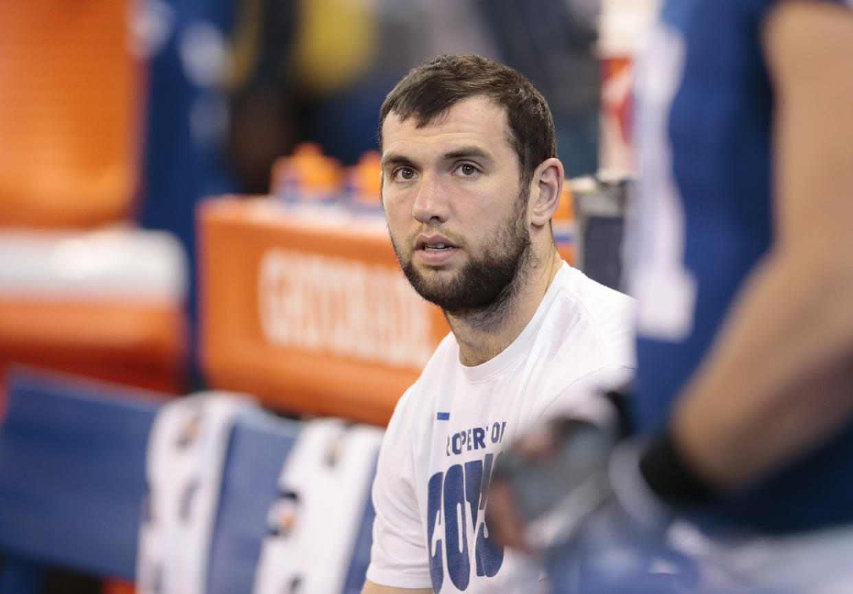 Indianapolis Colts quarterback Andrew Luck watches during the second half of an NFL football game against the Houston Texans, Sunday, Dec. 31, 2017, in Indianapolis. (AP Photo/AJ Mast)