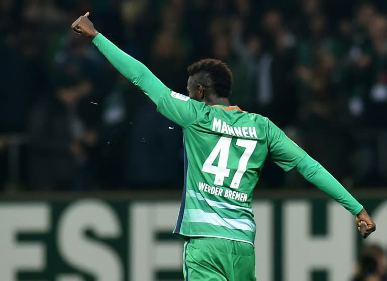 Ousman Manneh celebrates after scoring for Werder Bremen against Bayer Leverkusen, in Bremen, on October 15, 2016