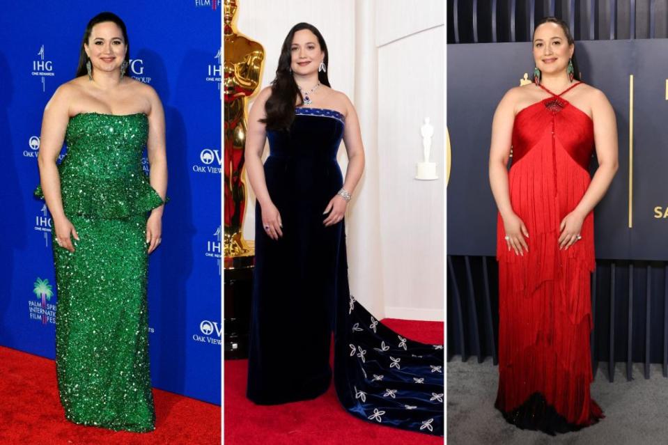 FROM LEFT: Gladstone wears Rodarte at the Palm Springs International Film Festival, followed by Gucci to the Oscars and SAG Awards. Images: Getty