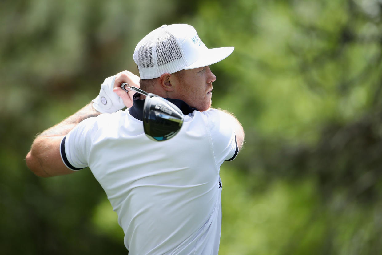 LAKE TAHOE, NEVADA - JULY 10: Professional boxer Canelo Alvarez plays a tee shot on the 13th hole during round one of the American Century Championship at Edgewood Tahoe South golf course on July 10, 2020 in Lake Tahoe, Nevada. (Photo by Christian Petersen/Getty Images)