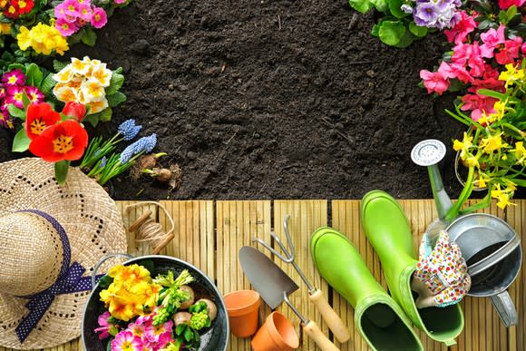 Various gardening tools and flowers on top of soil.