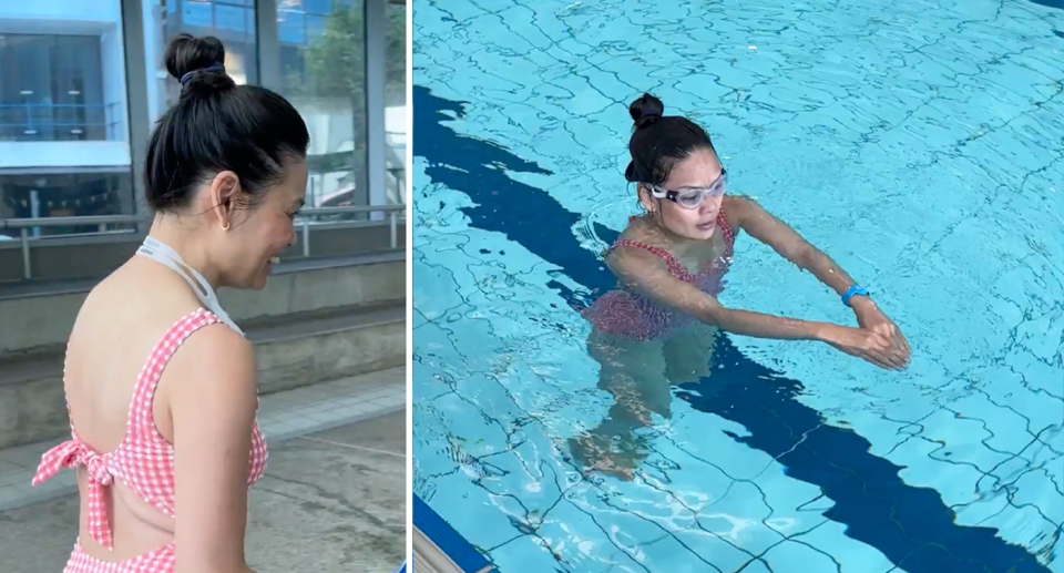 Left, Thu Fampidi swims while wearing her swimming costume. Right, she takes a large stroke in the pool. 