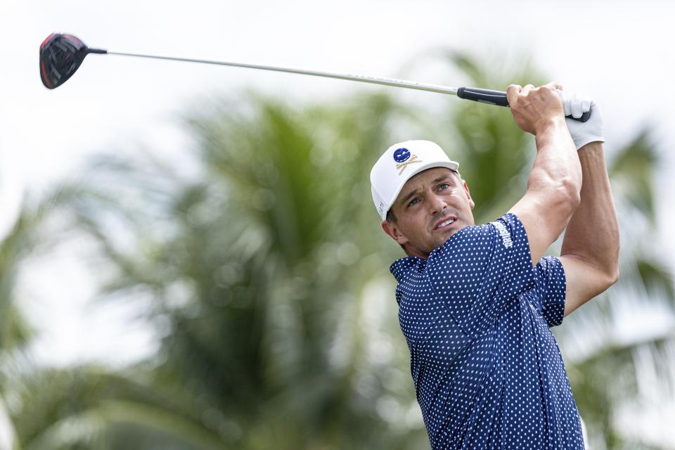 Captain Bryson DeChambeau, of Crushers GC, hits from the second tee during the finals of the LIV Golf Team Championship at the Trump National Doral golf club Sunday, Oct. 22, 2023, in Doral, Fla. (Jon Ferrey/LIV Golf via AP)