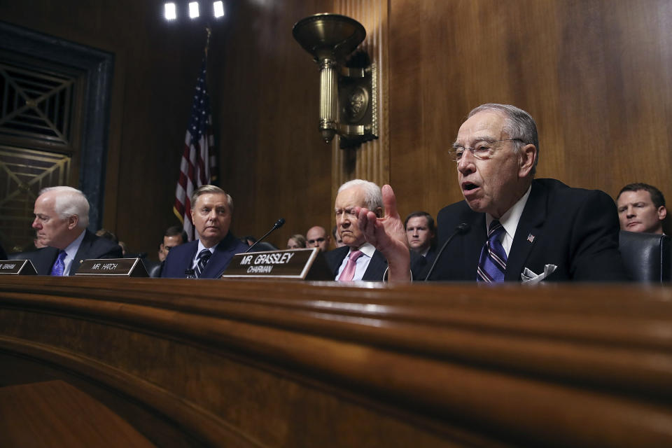 Senate Judiciary Committee members, from left, Sen. John Cornyn, R-Texas, Sen. Lindsey Graham, R-S.C., Sen. Orrin Hatch, R-Utah, and Chairman Charles Grassley, R-Iowa. (Photo: Win McNamee/Getty Images)