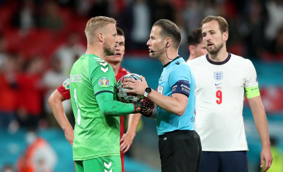 Kasper Schmeichel (left) had a laser shone into his face at Wembley (PA Wire)