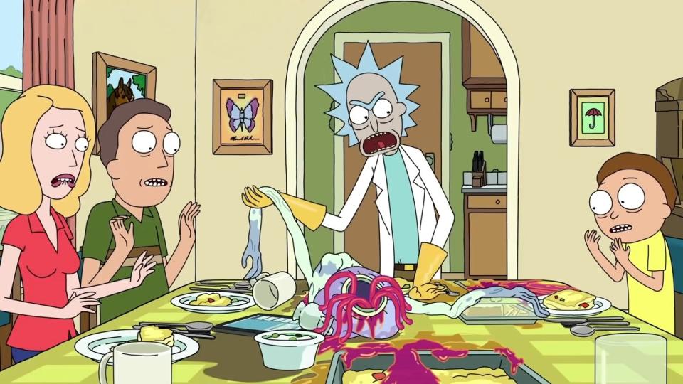 Rick, Morty, Jerry, and Beth looking at a dead memory parasite at the dinner table in "Rick and Morty"