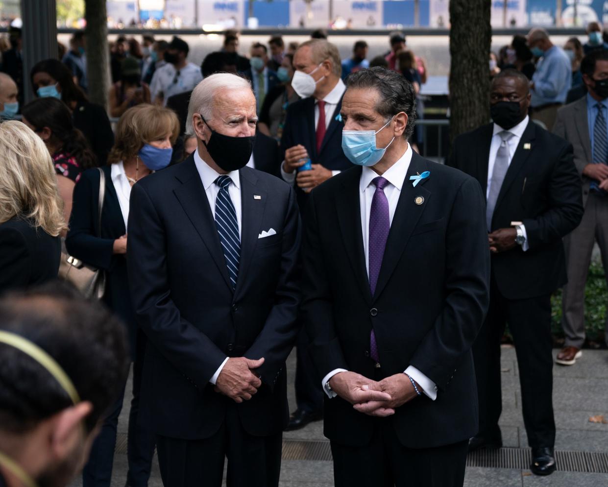 President Joe Biden (left) and New York Governor Andrew Cuomo (right) during 9/11 Commemoration at the 9/11 Memorial in Manhattan in 2020.