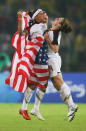 Heather O'Reilly (#9) and Natasha Kai (#6) of United States celebrate after winning the Women's Football Gold Medal match between Brazil and the United States 0-1 on Day 13 of the Beijing 2008 Olympic Games on August 21, 2008 at Worker's Stadium in Beijing, China. (Photo by Lars Baron/Bongarts/Getty Images)