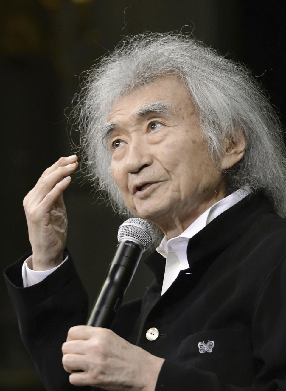 Japanese conductor Seiji Ozawa speaks during a press conference in Kyoto, Japan, on Feb. 2016. World-renowned conductor Ozawa died Tuesday, Feb. 6, due to heart failure at his home in Tokyo, his management office said Friday, Feb. 9, 2024. He was 88. (Kyodo News via AP)
