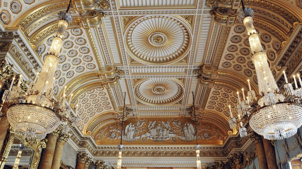 A view of the ceiling and chandeliers of the Blue Drawing Room at Buckingham Palace