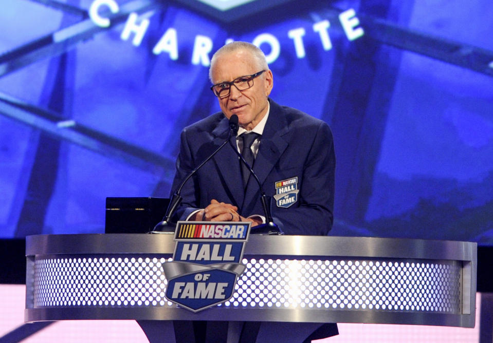 Mark Martin talks about his career as a driver, during the NASCAR Hall of Fame induction ceremony in Charlotte, N.C., Friday, Jan. 20, 2017. (AP Photo/Mike McCarn)