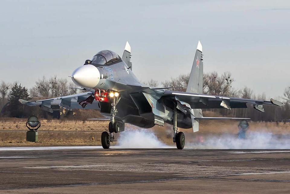 A photo taken from video provided by the Russian Defense Ministry Press Service on Jan. 31, 2022 shows a Russian Su-30SM2 fighter jet taking off from the airfield in Chernyakhovsk, in Russia's far western enclave of Kaliningrad.  / Credit: Russian Ministry of Defense handout/AP