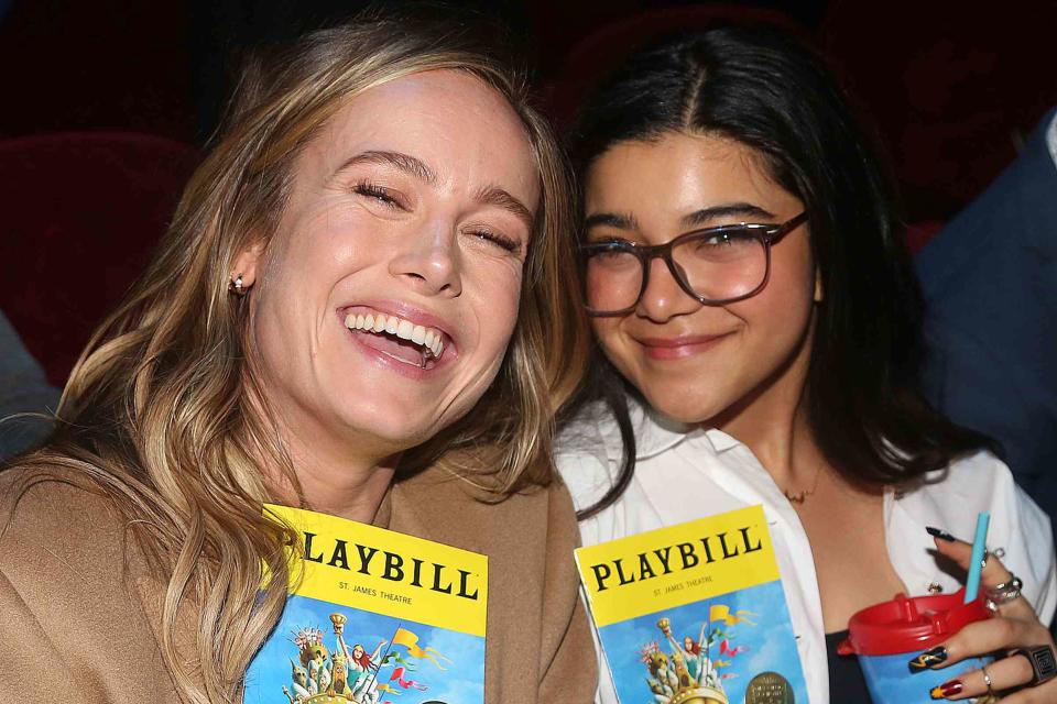 <p>Bruce Glikas/WireImage</p> Brie Larson and Iman Vellani at the opening night of "Spamalot" on Broadway at The St. James Theatre on November 16, 2023