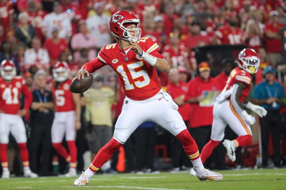 Kansas City Chiefs quarterback Patrick Mahomes (15) looks to pass against Detroit Lions during the first half at Arrowhead Stadium in Kansas City, Mo. on Thursday, Sept. 7, 2023.