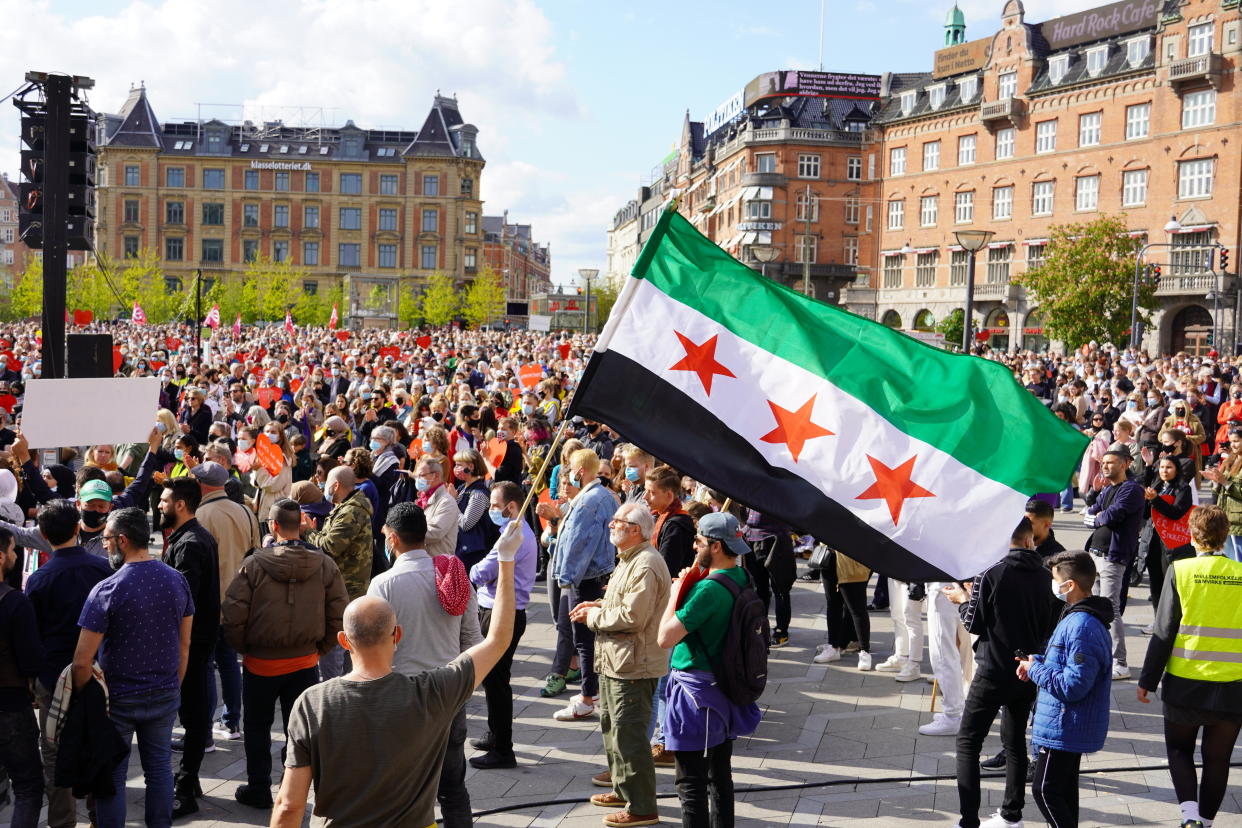 COPENHAGEN, DENMARK - MAY 19: People attend the demonstration to protest against the decision of the deportation of Syrian refugees, in Copenhagen, Denmark on May 19, 2021. (Photo by Davut Colak/Anadolu Agency via Getty Images)