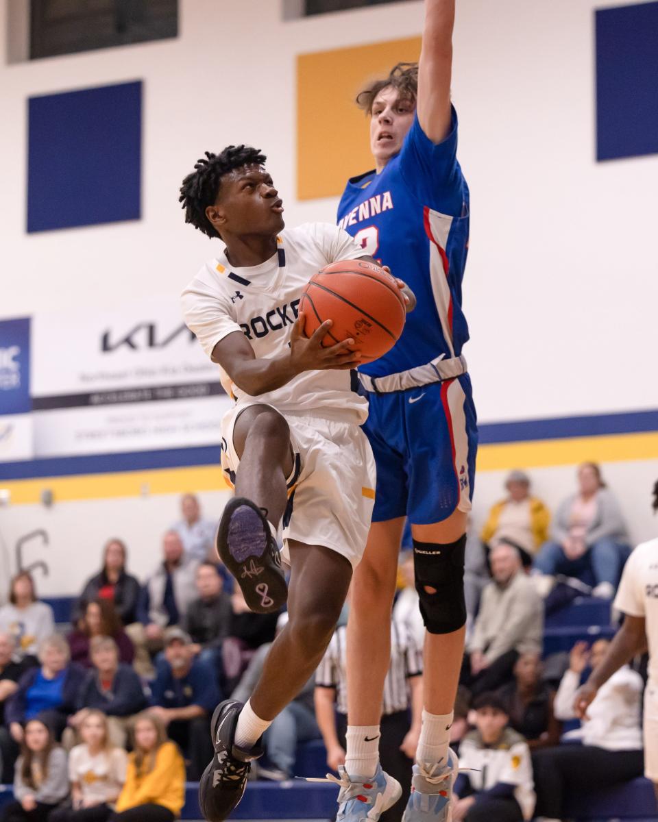 Streetsboro sophomore guard Charles Ivory goes up for a shot during Tuesday night’s basketball game against the Ravenna Ravens in Streetsboro.