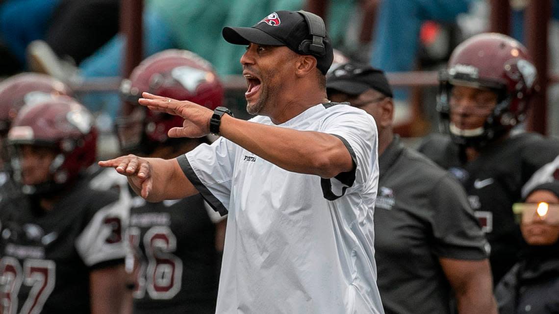 North Carolina Central head football coach Trei Oliver directs his team against Winston-Salem State on Saturday, September 10, 2022 at O’Kelly-Riddick Stadium in Durham, N.C