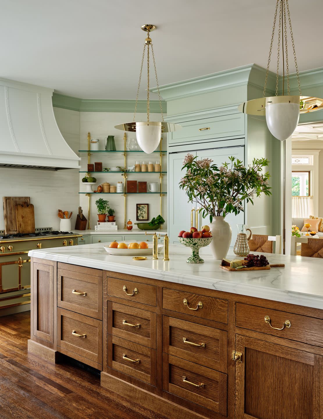 a kitchen with a marble countertop