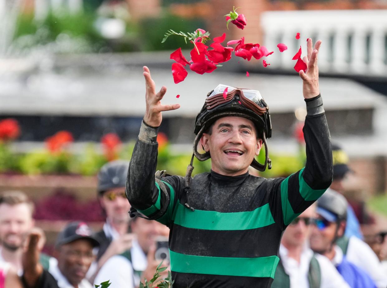 Jockey Brian J. Hernandez celebrates aboard Mystik Dan after winning the 2024 Kentucky Derby at Churchill Downs Saturday, May 4, 2024 in Louisville, Kentucky.