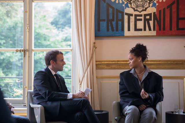 <p>Emmanuel Macron/X</p> Rihanna and French President Emmanuel Macron in 2017