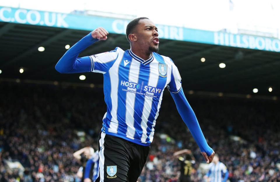 Jaden Brown celebrates after playing a part in Wednesday’s goal (PA)