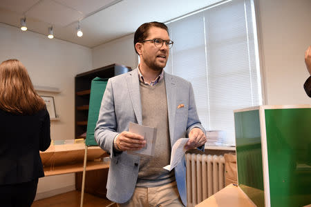 Jimmie Akesson, leader of Sweden Democrats party, seen at a polling station in Stockholm, Sweden September 9, 2018. TT News/Stina Stjernkvist via REUTERS